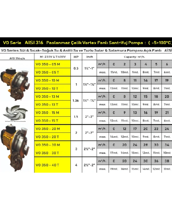 Vortex VO-350 13M 1.3HP 220V AISI 316 Paslanmaz Çelik Fanlı Sıcak Su ve Asitli Su Pompası