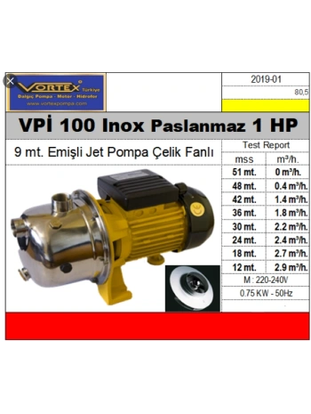 Vortex VPİ 100 inox s/s 304 1Hp 220v Paslanmaz Gövde Çelik Fanlı Jet Su Pompa