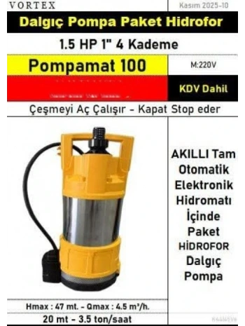 Vortex Pompamat 100 1.5HP 220V Tam Otomatik Hidromatlı Dalgıç pompa