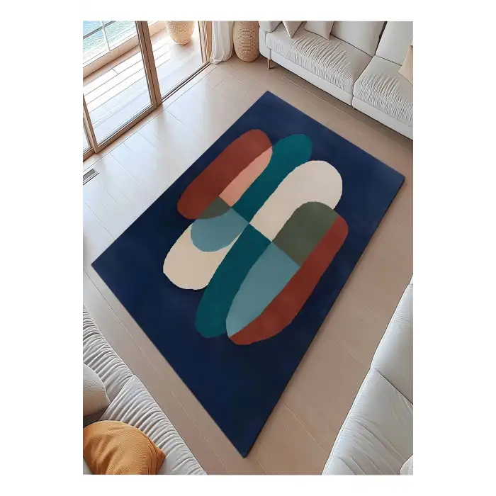 Lacivert Renkli Geometrik Desen Tasarım Modern Halı Dekoratif Kilim