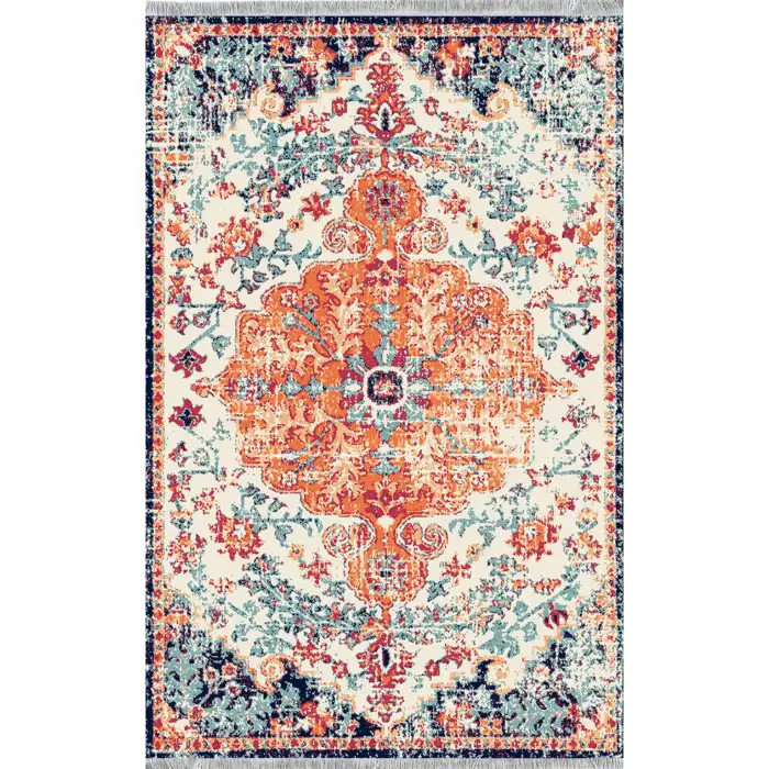 Vintage Desen Turuncu Mavi Renk Modern Halı Dekoratif Kilim