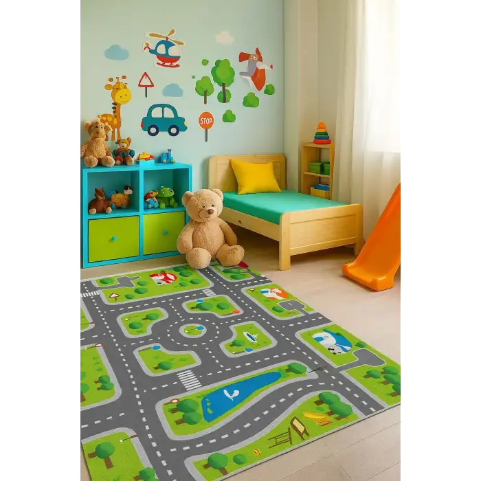 Yeşil Renk Şeritli Yol Çocuk Odası Oyun Halısı