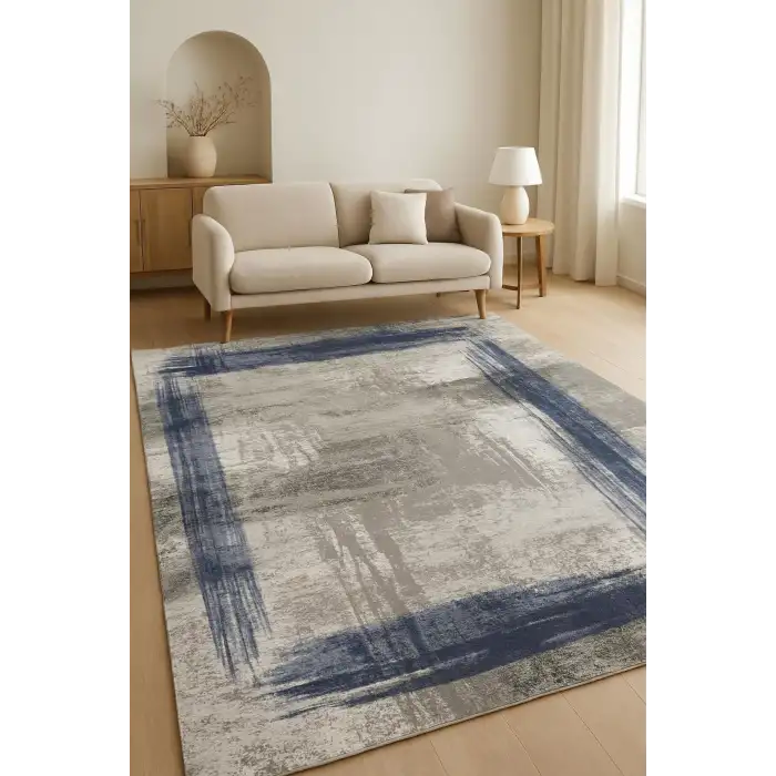 Gri Zemin Mavi Çerçeve Desenli Bambu Dokuma Kilim, Kaymaz Taban