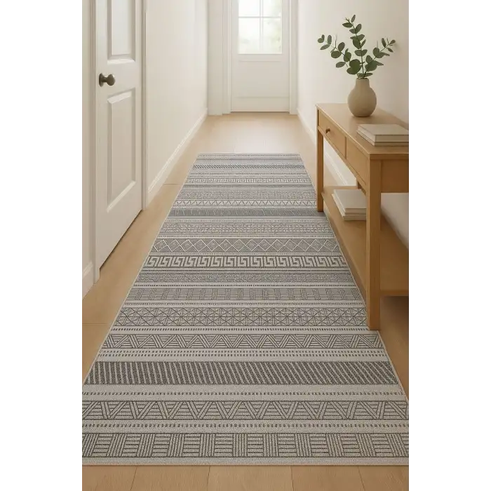 Gri Renk Etnik Desen Modern Halı Dekoratif Kilim