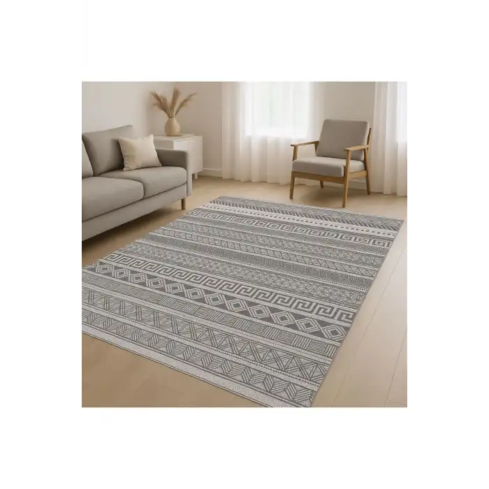 Gri Renk Etnik Desen Modern Halı Dekoratif Kilim
