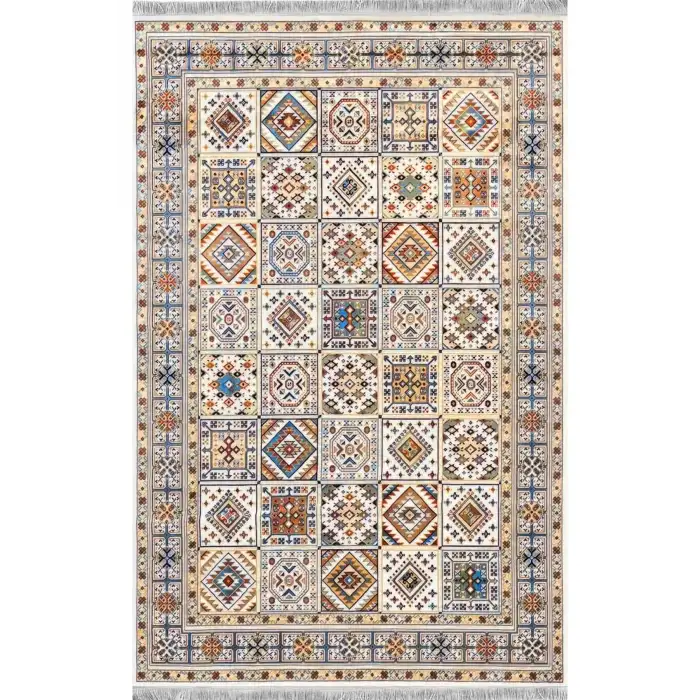 Ekru Zeminli Renkli Etnik Desen Kilim, Bambu Yüzey | BLG Home