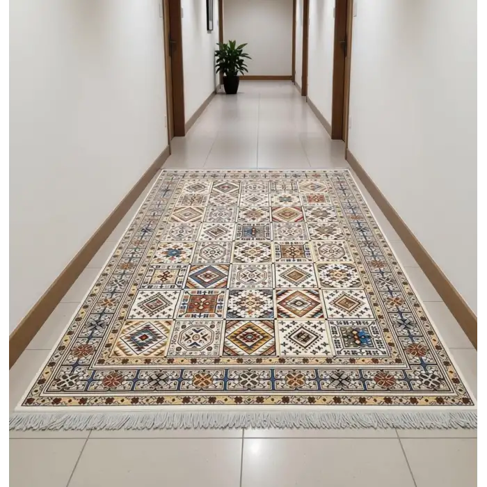 Ekru Zeminli Renkli Etnik Desen Kilim, Bambu Yüzey | BLG Home