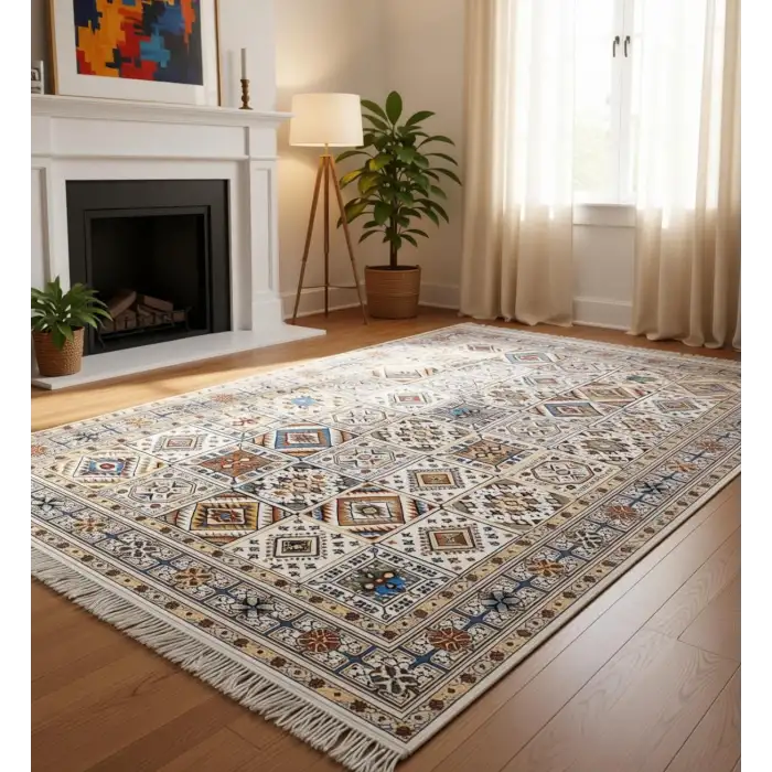 Ekru Zeminli Renkli Etnik Desen Kilim, Bambu Yüzey | BLG Home