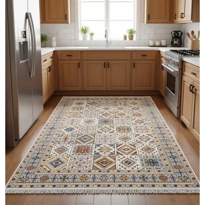 Ekru Zeminli Renkli Etnik Desen Kilim, Bambu Yüzey | BLG Home