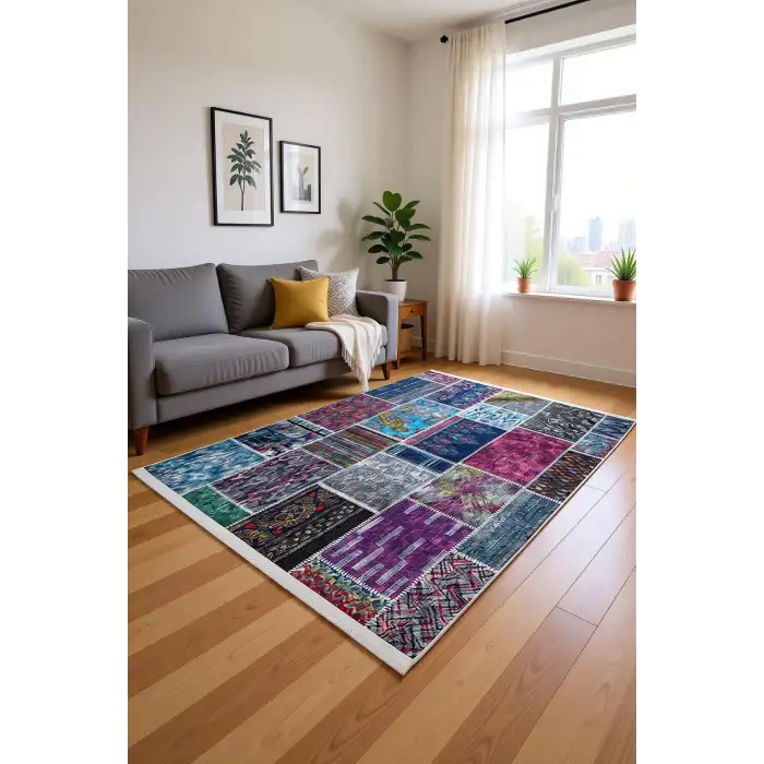 Gri Çok Renkli Patchwork Desenli Modern Salon Halısı BLG3804