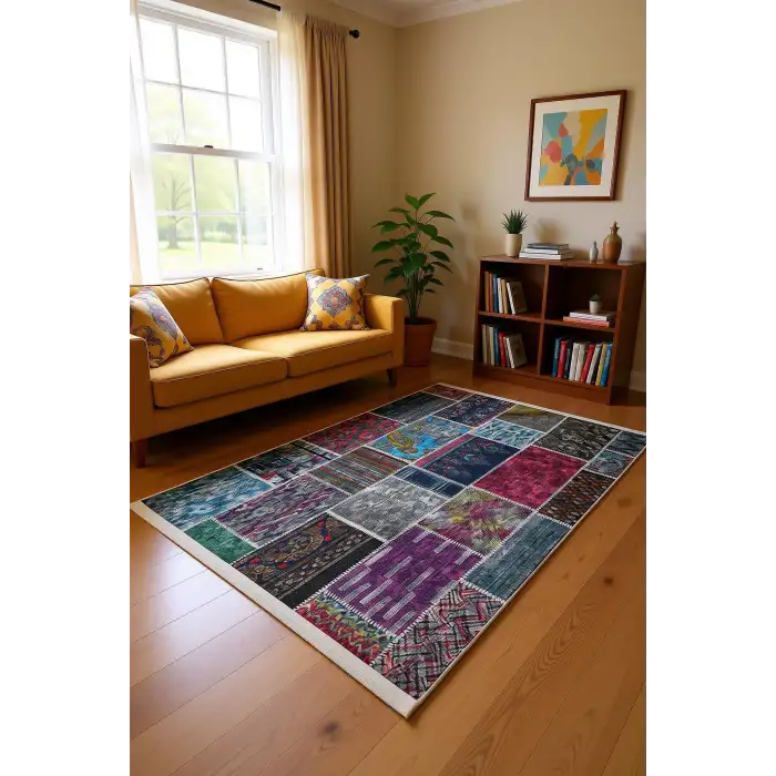 Gri Çok Renkli Patchwork Desenli Modern Salon Halısı BLG3804
