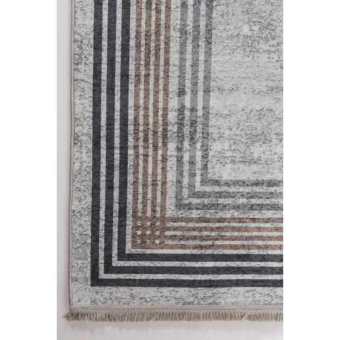 Blghome Gri Zemin Renkli Çerçeve Modern Halı Dekoratif Kilim