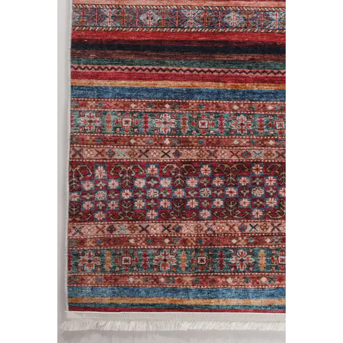 Etnik Motifli Yatay Çizgili Halı Kilim, Çok Renkli Bambu | BLG Home