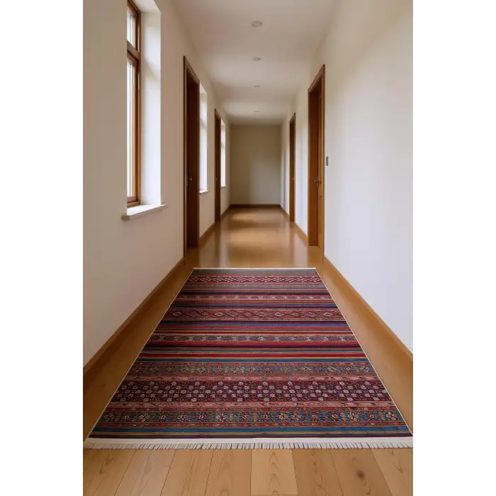 Etnik Motifli Yatay Çizgili Halı Kilim, Çok Renkli Bambu | BLG Home