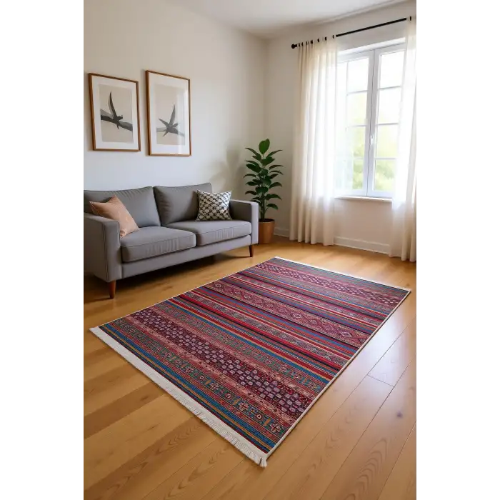 Etnik Motifli Yatay Çizgili Halı Kilim, Çok Renkli Bambu | BLG Home