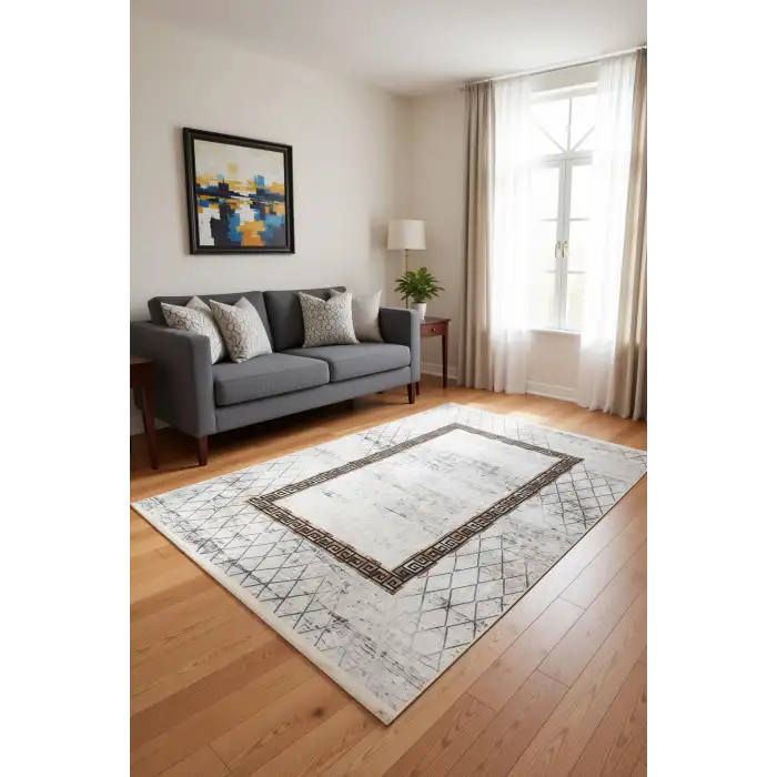 Gri Baklava Desen Çerçeveli Bambu Halı, Yıkanabilir Salon Halısı
