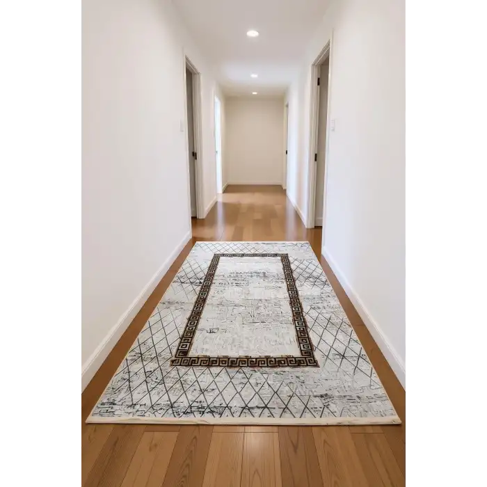 Gri Baklava Desen Çerçeveli Bambu Halı, Yıkanabilir Salon Halısı
