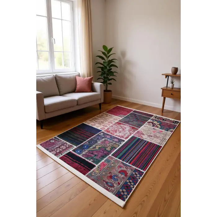 Pudra Çok Renkli Patchwork Desenli Modern Salon Halısı BLG3822
