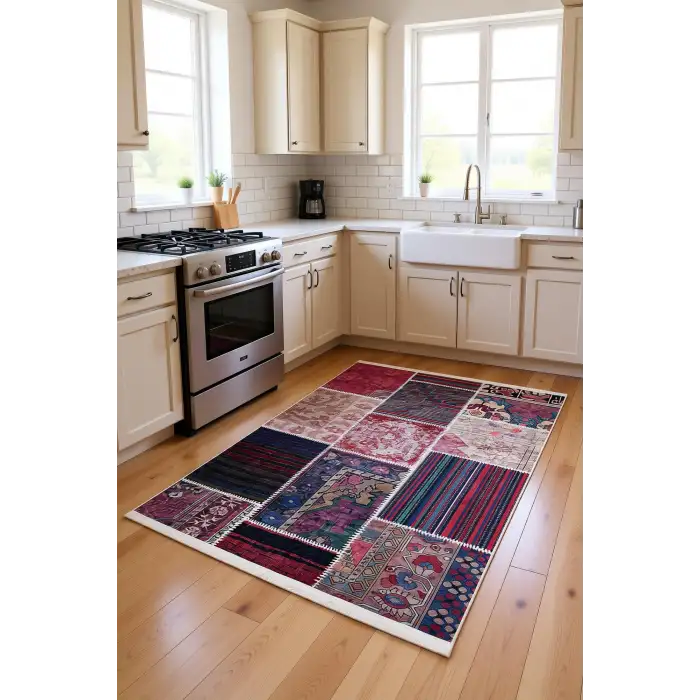 Pudra Çok Renkli Patchwork Desenli Modern Salon Halısı BLG3822