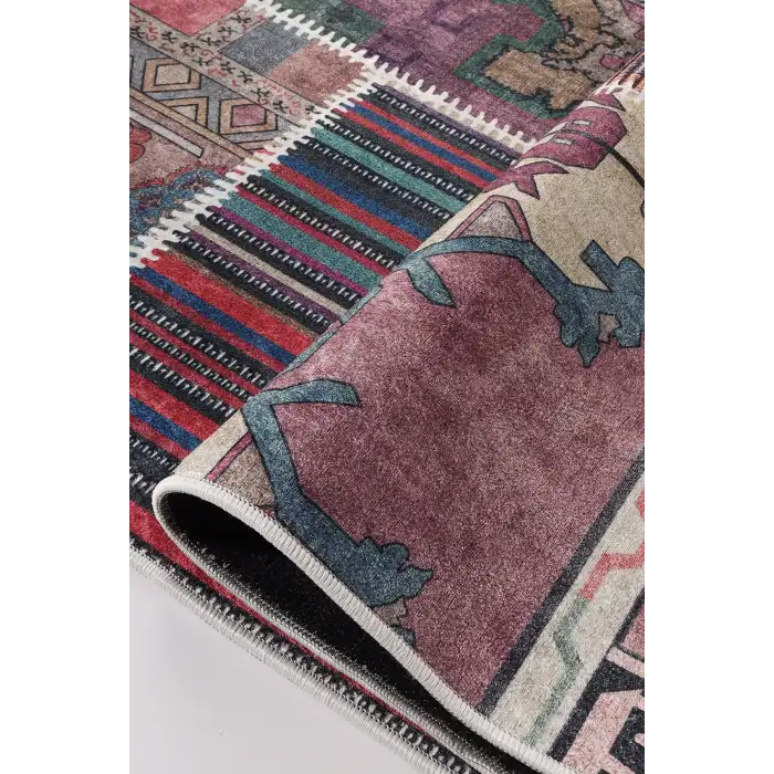 Pudra Çok Renkli Patchwork Desenli Modern Salon Halısı BLG3822