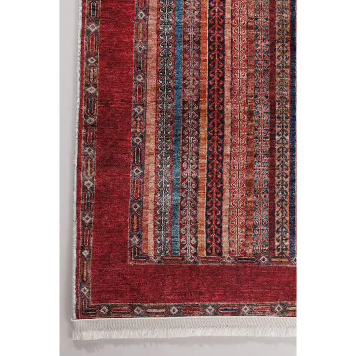 Kırmızı Çok Renkli Kilim Desenli Modern Salon Halısı BLG3823