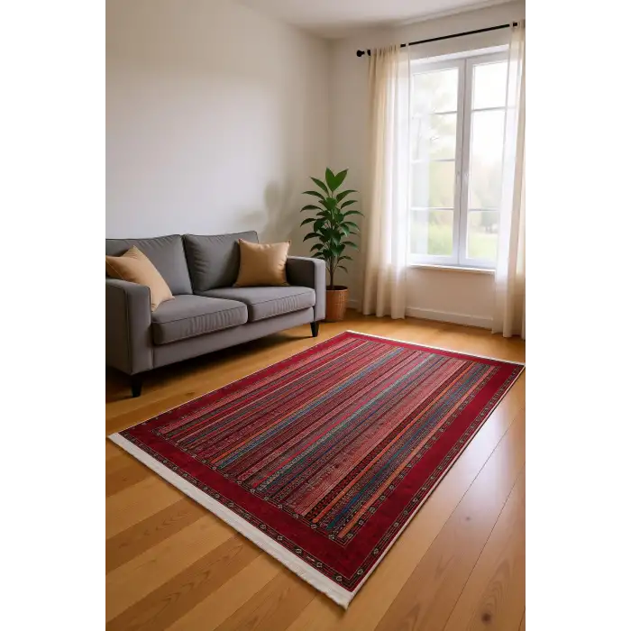 Kırmızı Çok Renkli Kilim Desenli Modern Salon Halısı BLG3823