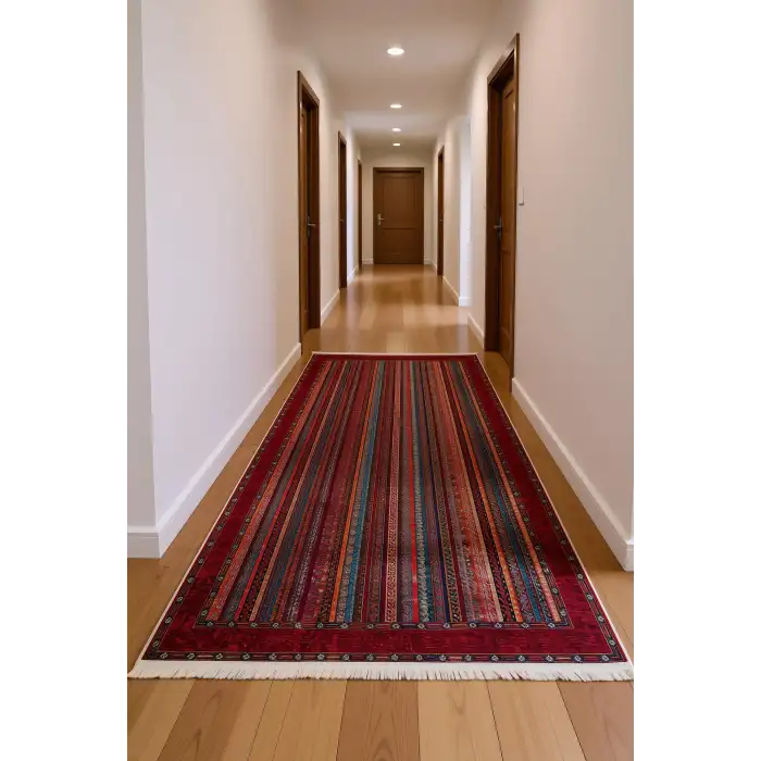 Kırmızı Çok Renkli Kilim Desenli Modern Salon Halısı BLG3823