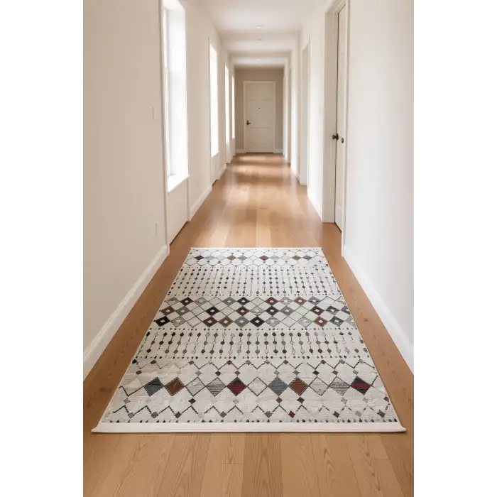 Ekru Zeminli Çok Renkli İskandinav Desenli Bambu Yüzey Salon Halısı