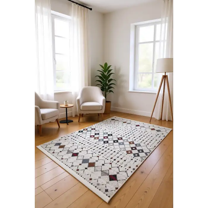 Ekru Zeminli Çok Renkli İskandinav Desenli Bambu Yüzey Salon Halısı