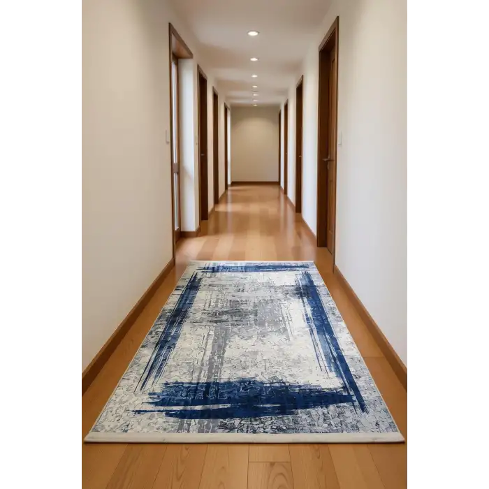 Blghome Gri Zemin Mavi Çizgisel Modern Halı Dekoratif Kilim