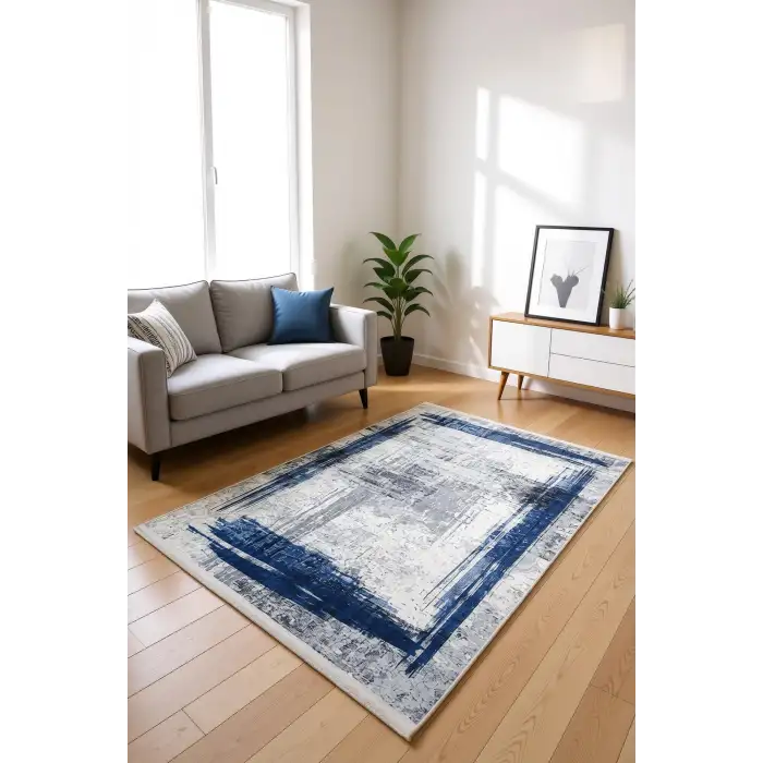 Blghome Gri Zemin Mavi Çizgisel Modern Halı Dekoratif Kilim