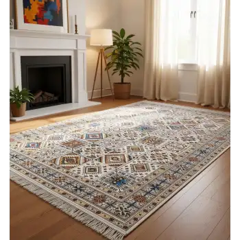 Ekru Zeminli Renkli Etnik Desen Kilim, Bambu Yüzey | BLG Home