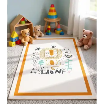 Turuncu Çerçeve Sevimli Aslan Çocuk Odası Halısı