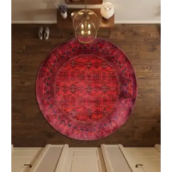 Kırmızı Etnik Madalyon Desenli Yuvarlak Bambu Salon Halısı Modelleri