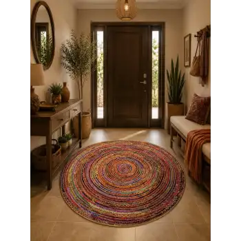 Çok Renkli Sarmal Örgü Görünümlü Modern Yuvarlak Bambu Halı Modelleri