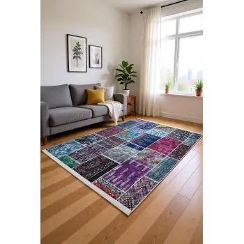 Gri Çok Renkli Patchwork Desenli Modern Salon Halısı BLG3804
