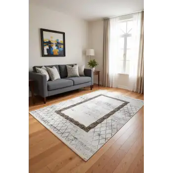 Gri Baklava Desen Çerçeveli Bambu Halı, Yıkanabilir Salon Halısı
