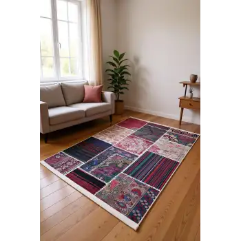 Pudra Çok Renkli Patchwork Desenli Modern Salon Halısı BLG3822