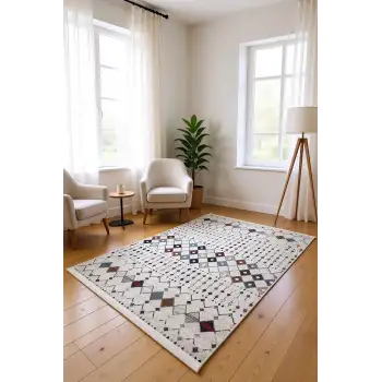 Ekru Zeminli Çok Renkli İskandinav Desenli Bambu Yüzey Salon Halısı
