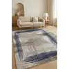 Gri Zemin Mavi Çerçeve Desenli Bambu Dokuma Kilim, Kaymaz Taban
