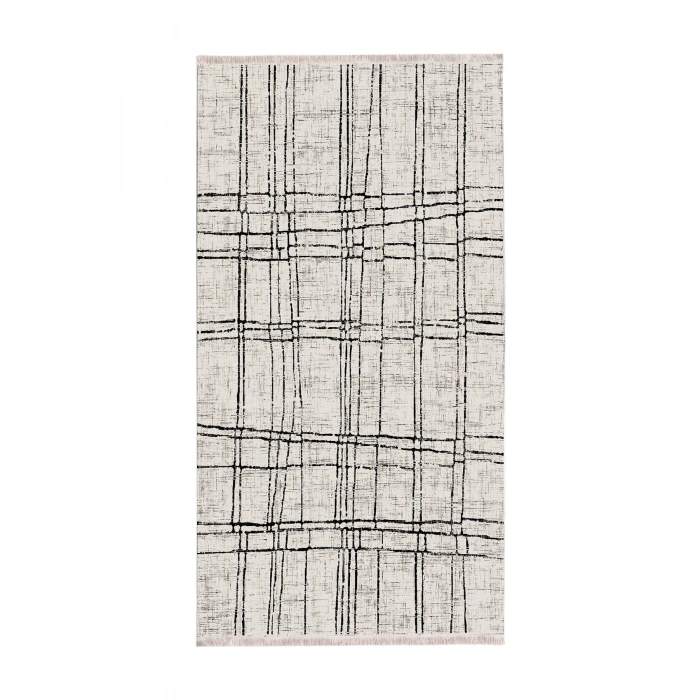 Blghome Dekoratif Halı Krem Renk Siyah Çizgi Detaylı
