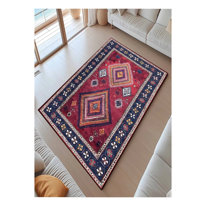 Çerçeve Motif Detaylı Etnik Desen Renk Uyum Modern Halı Dekoratif Kilim