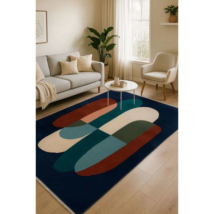 Lacivert Renkli Geometrik Desen Tasarım Modern Halı Dekoratif Kilim