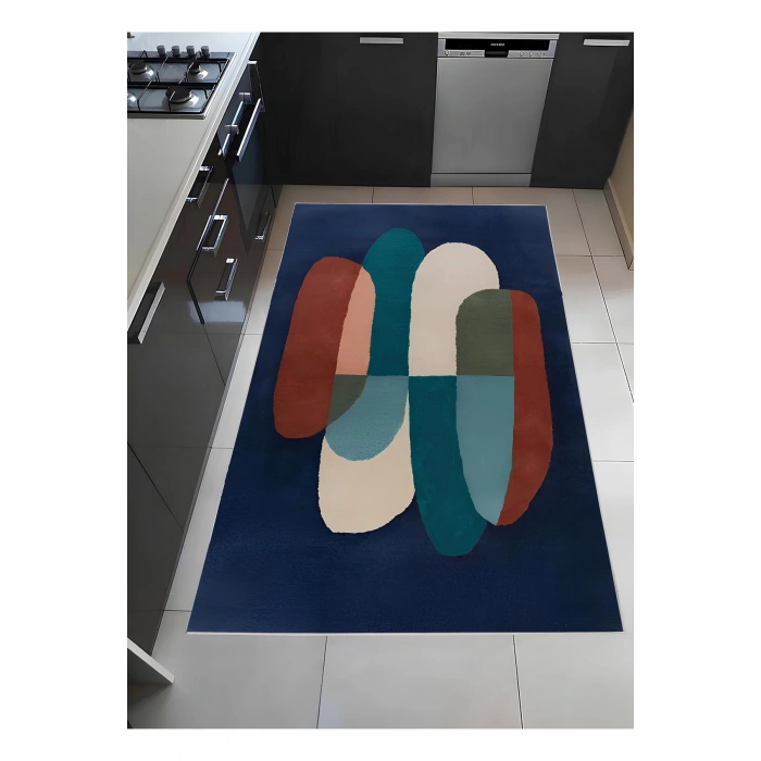Lacivert Renkli Geometrik Desen Tasarım Modern Halı Dekoratif Kilim