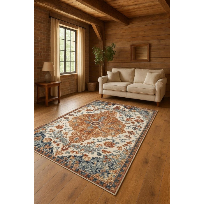 Vintage Desen Turuncu Mavi Renk Modern Halı Dekoratif Kilim