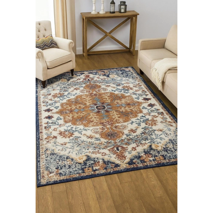Vintage Desen Turuncu Mavi Renk Modern Halı Dekoratif Kilim