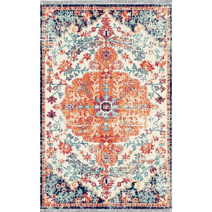 Vintage Desen Turuncu Mavi Renk Modern Halı Dekoratif Kilim