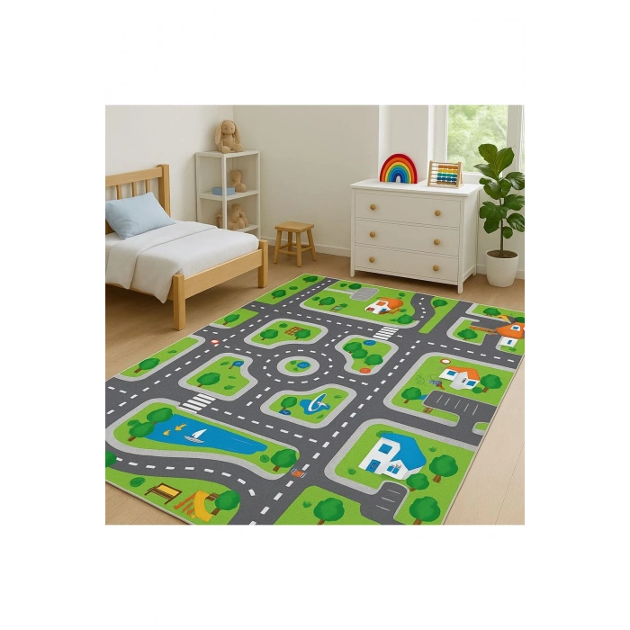 Yeşil Renk Şeritli Yol Çocuk Odası Oyun Halısı