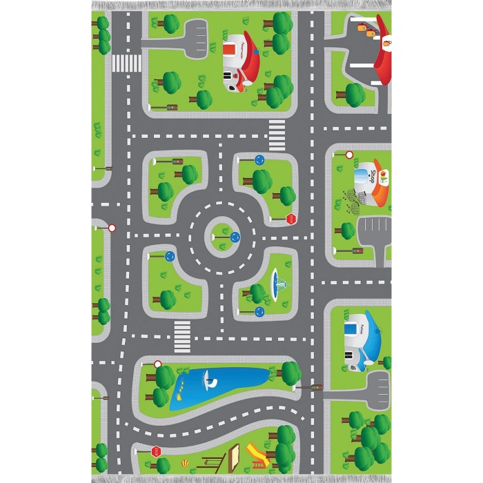 Yeşil Renk Şeritli Yol Çocuk Odası Oyun Halısı
