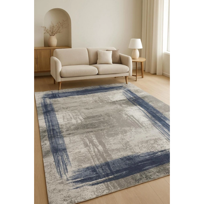 Gri Zemin Mavi Çerçeve Modern Halı Dekoratif Kilim